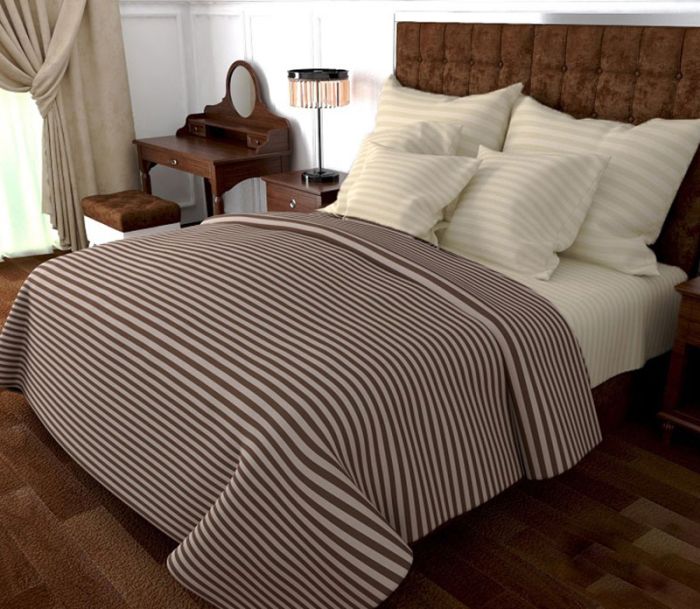 Постільна білизна Дует Коричнево-Молочна Бязь страйп MERISET - Сімейний на резинці