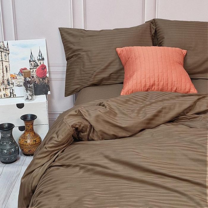 Постільна білизна CAPPUCCINO Elite Сатин страйп MERISET - Сімейний на резинці