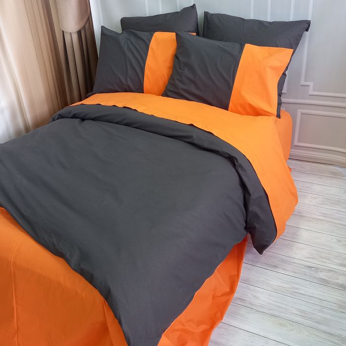 Постільна білизна PREMIERE Антрацит/Помаранчевий Ранфорс MERISET - Сімейний на резинці