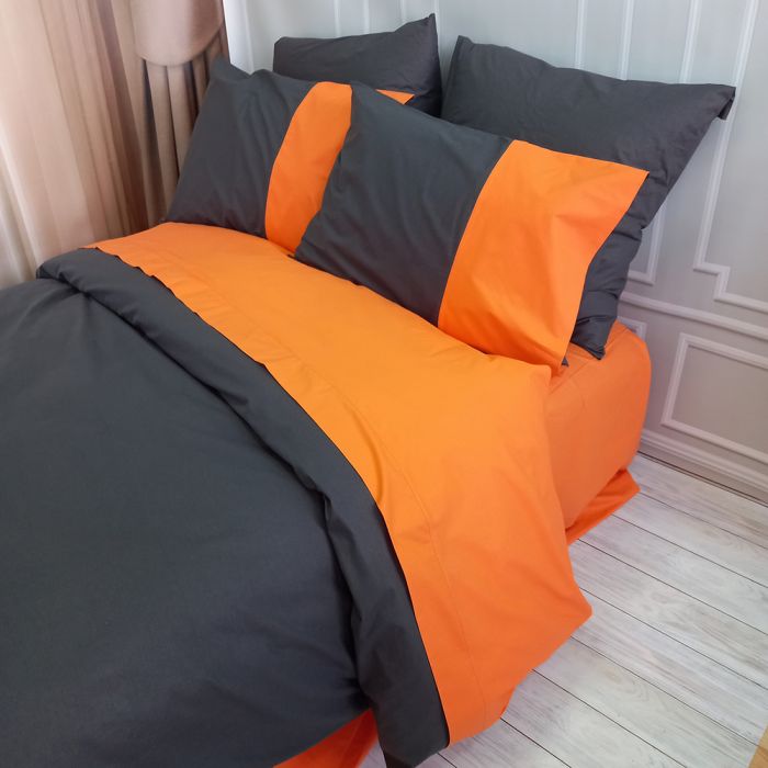 Постільна білизна PREMIERE Антрацит/Помаранчевий Ранфорс MERISET - Сімейний на резинці