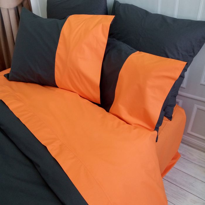 Постільна білизна PREMIERE Антрацит/Помаранчевий Ранфорс MERISET - Сімейний на резинці