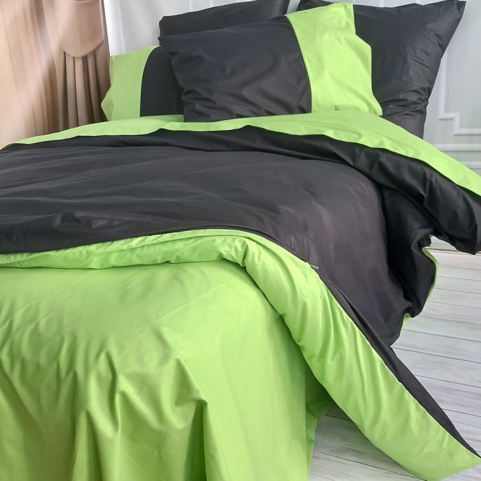 Постільна білизна PREMIERE Чорний/Фісташка Ранфорс MERISET - Сімейний на резинці