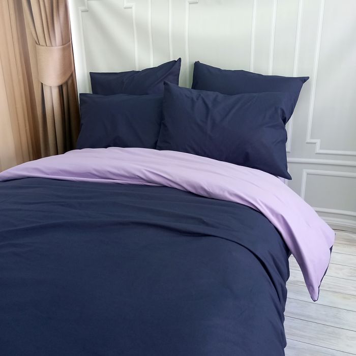Постільна білизна ДУЕТ Темносинє/Лавандовий настрій Ранфорс MERISET - Сімейний на резинці