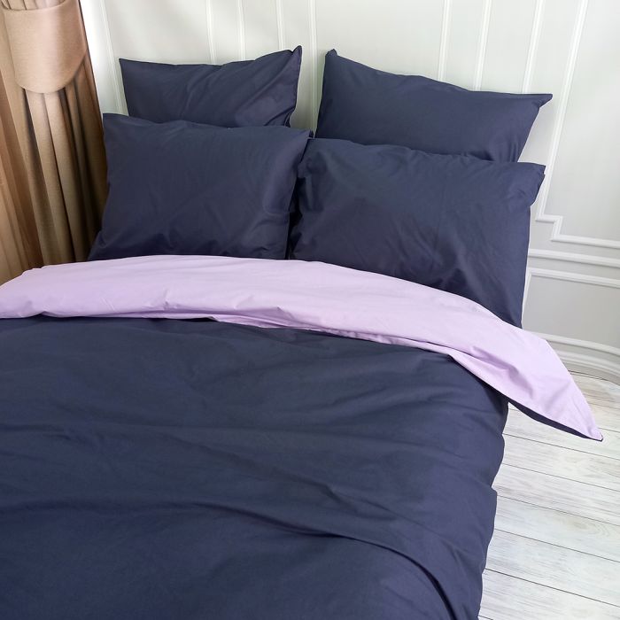 Постільна білизна ДУЕТ Темносинє/Лавандовий настрій Ранфорс MERISET - Сімейний на резинці