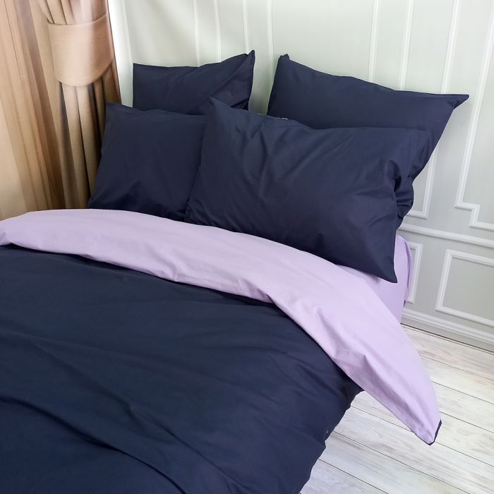 Постільна білизна ДУЕТ Темносинє/Лавандовий настрій Ранфорс MERISET - Сімейний на резинці