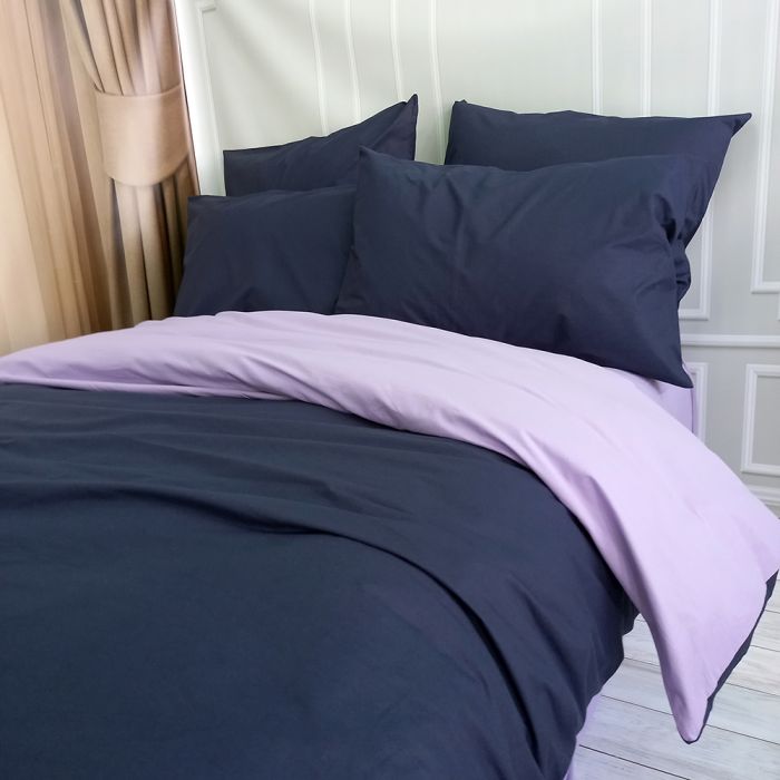 Постільна білизна ДУЕТ Темносинє/Лавандовий настрій Ранфорс MERISET - Сімейний на резинці