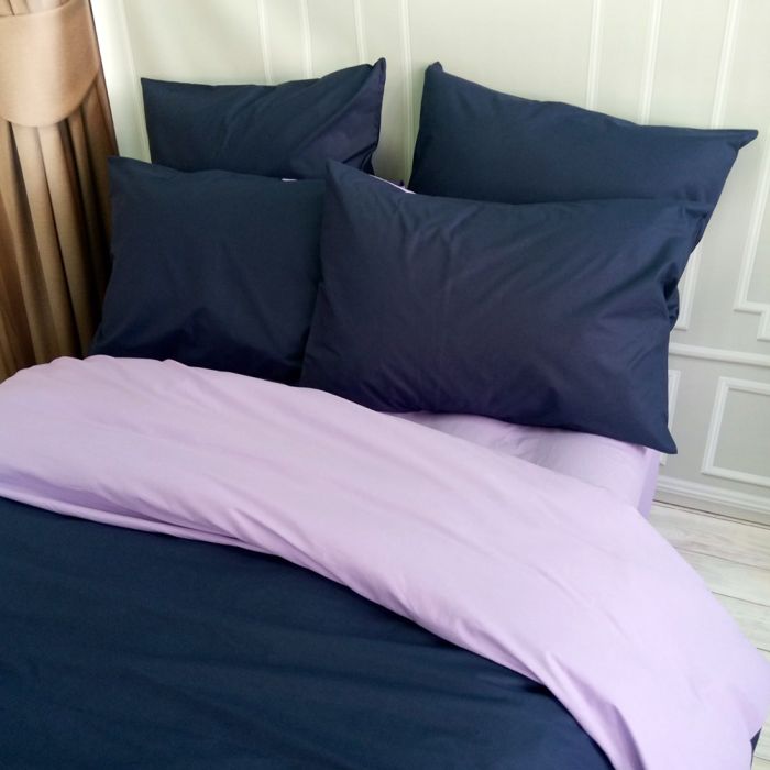 Постільна білизна ДУЕТ Темносинє/Лавандовий настрій Ранфорс MERISET - Сімейний на резинці
