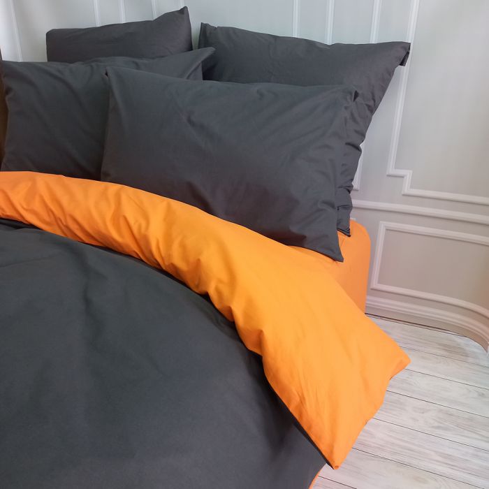 Постільна білизна ДУЕТ Антрацит/Помаранчевий Ранфорс MERISET - Сімейний на резинці