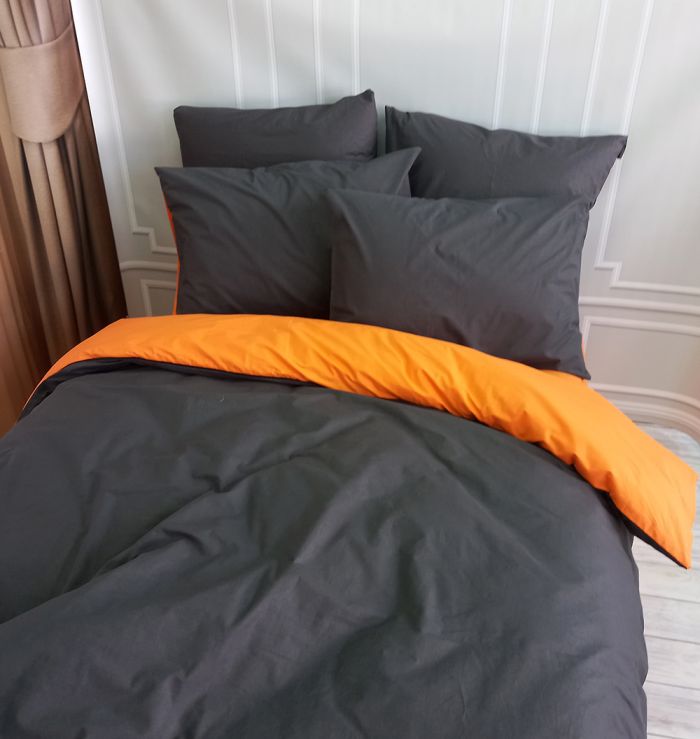 Постільна білизна ДУЕТ Антрацит/Помаранчевий Ранфорс MERISET - Сімейний на резинці