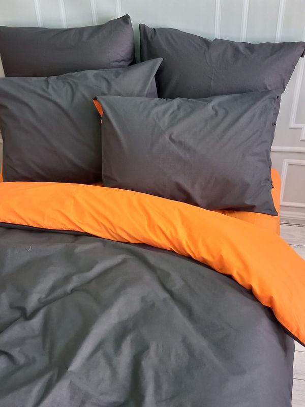 Постільна білизна ДУЕТ Антрацит/Помаранчевий Ранфорс MERISET - Сімейний на резинці