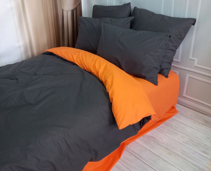 Постільна білизна ДУЕТ Антрацит/Помаранчевий Ранфорс MERISET - Сімейний на резинці