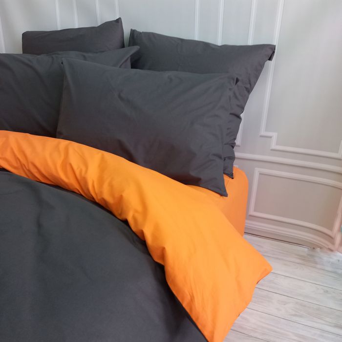 Постільна білизна ДУЕТ Антрацит/Помаранчевий Ранфорс MERISET - Сімейний на резинці
