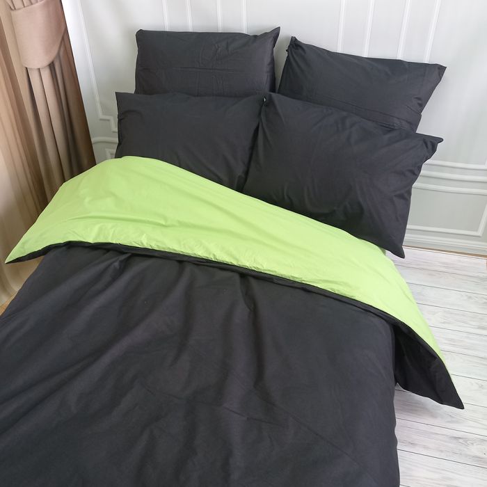 Постільна білизна ДУЕТ Чорний/Фісташка Ранфорс MERISET - Сімейний на резинці