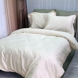 Постільна білизна ДУЕТ MILK CHAMPAGNE/OLIVE Premium Сатин MERISET - Сімейний на резинці