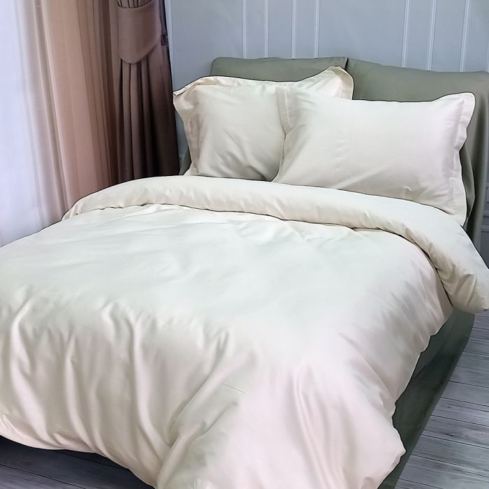 Постільна білизна ДУЕТ MILK CHAMPAGNE/OLIVE Premium Сатин MERISET - Сімейний на резинці