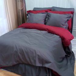 Постільна білизна ДУЕТ ANTHRACITE/WINE BORDO Premium Сатин MERISET - Сімейний на резинці