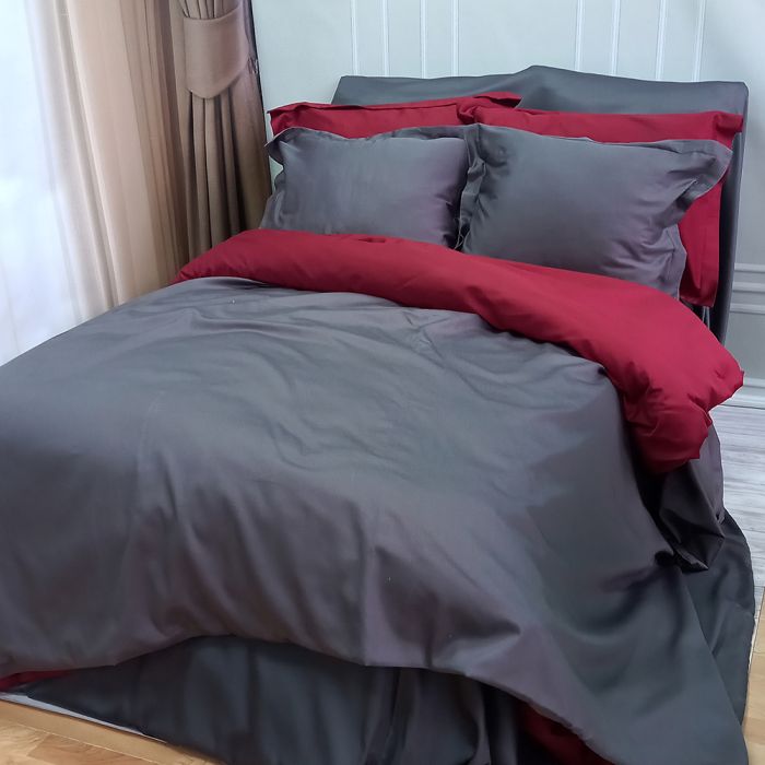 Постільна білизна ДУЕТ ANTHRACITE/WINE BORDO Premium Сатин MERISET - Сімейний на резинці