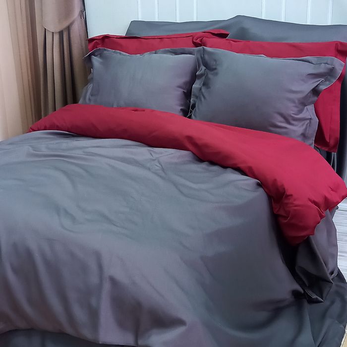 Постільна білизна ДУЕТ ANTHRACITE/WINE BORDO Premium Сатин MERISET - Сімейний на резинці