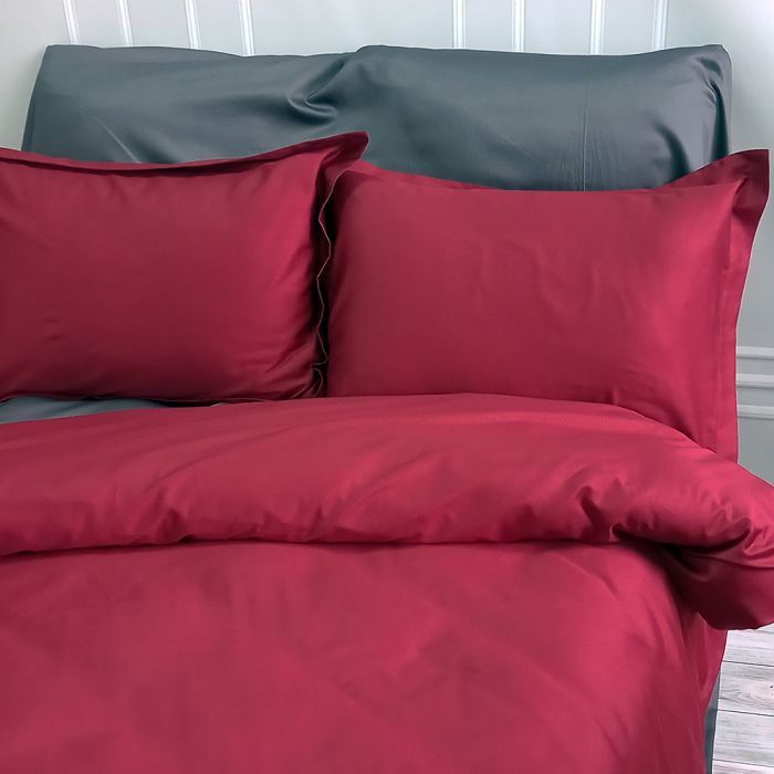 Постільна білизна ДУЕТ ANTHRACITE/WINE BORDO Premium Сатин MERISET - Сімейний на резинці