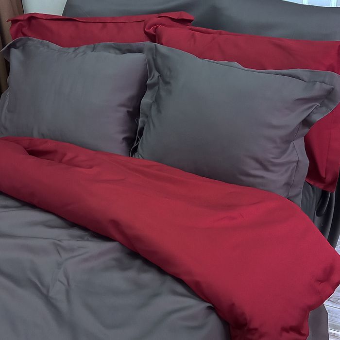 Постільна білизна ДУЕТ ANTHRACITE/WINE BORDO Premium Сатин MERISET - Сімейний на резинці