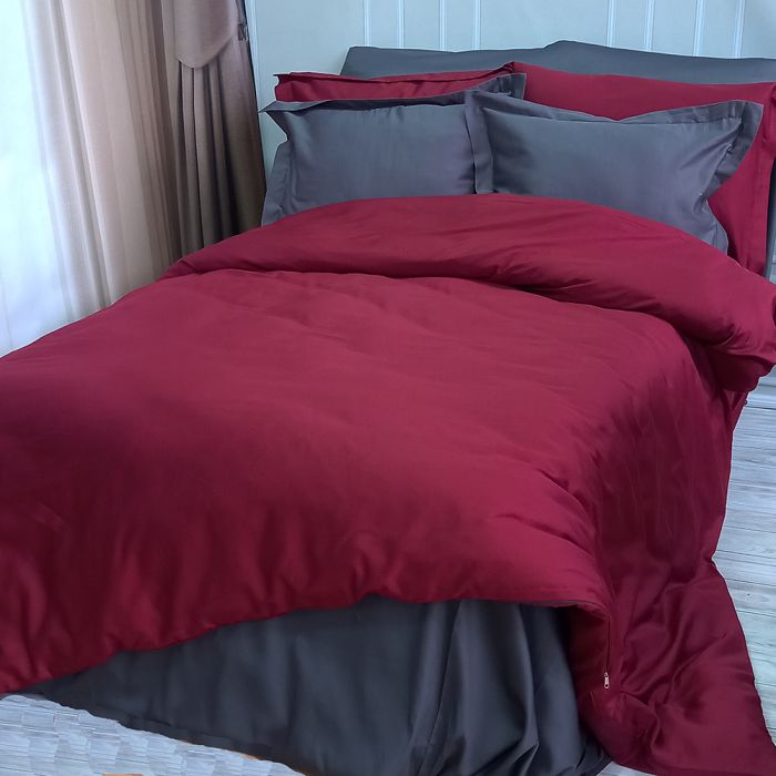 Постільна білизна ДУЕТ ANTHRACITE/WINE BORDO Premium Сатин MERISET - Сімейний на резинці