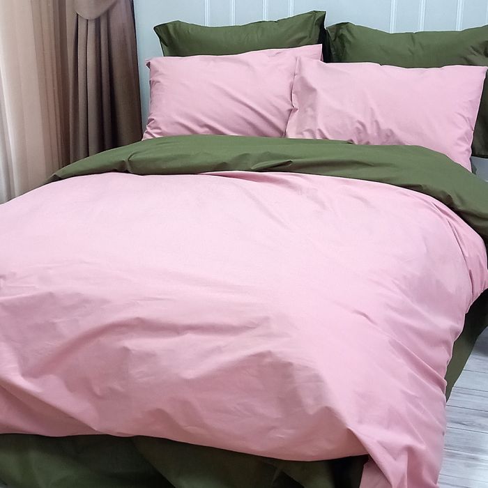 Постільна білизна ДУЕТ Пудра/Темний Хакі Ранфорс MERISET - Сімейний на резинці