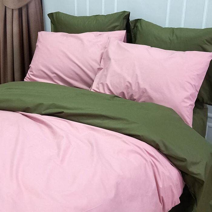 Постільна білизна ДУЕТ Пудра/Темний Хакі Ранфорс MERISET - Сімейний на резинці