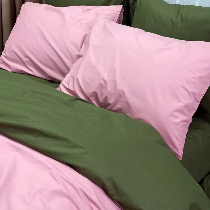 Постільна білизна ДУЕТ Пудра/Темний Хакі Ранфорс MERISET - Сімейний на резинці