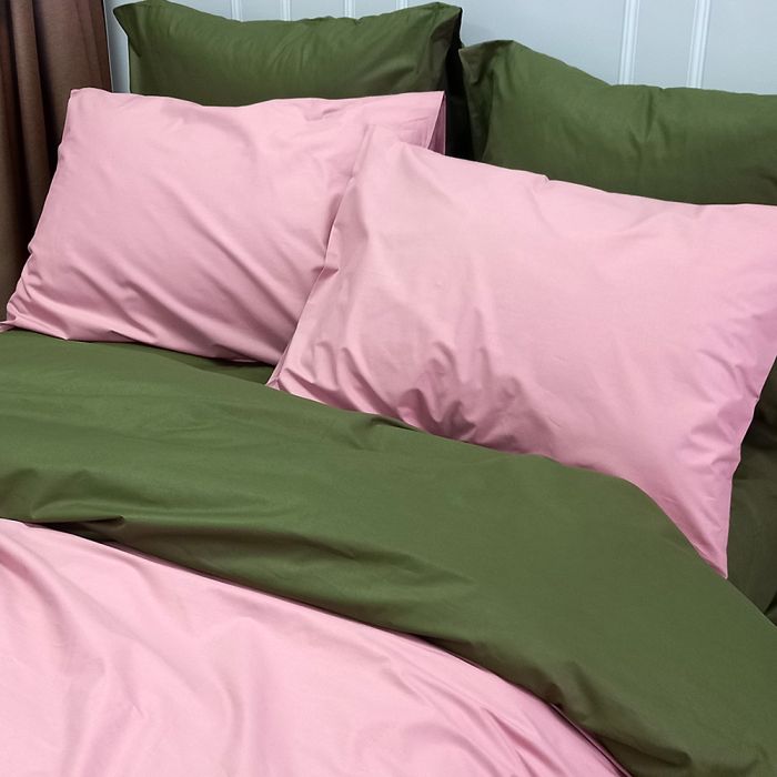 Постільна білизна ДУЕТ Пудра/Темний Хакі Ранфорс MERISET - Сімейний на резинці