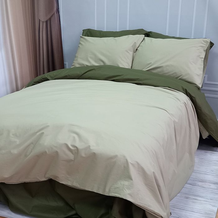 Постільна білизна ДУЕТ Світла оливка/Темний Хакі Ранфорс MERISET - Сімейний на резинці