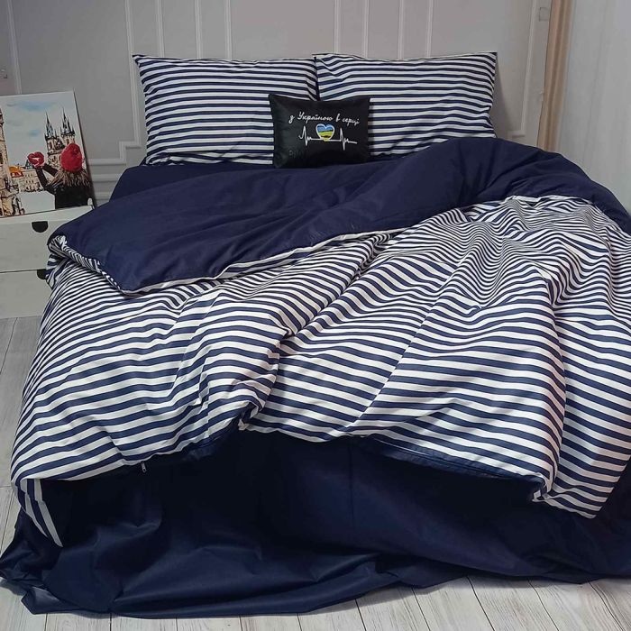 Постільна білизна Смугастий синій Ранфорс MERISET - Сімейний на резинці