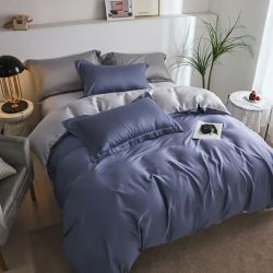 Постільна білизна ДУЕТ INDIGO/TRUE GREY Premium Сатин однотон MERISET - Сімейний на резинці