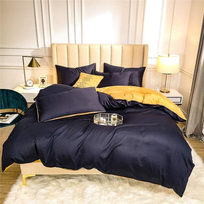 Постільна білизна ДУЕТ ROYAL NAVY/GOLDEN Premium Сатин однотон MERISET - Сімейний на резинці