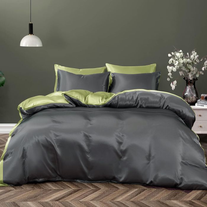 Постільна білизна ДУЕТ ANTHRACITE/PISTACHIO Premium Premium Сатин однотон MERISET - Сімейний на резинці