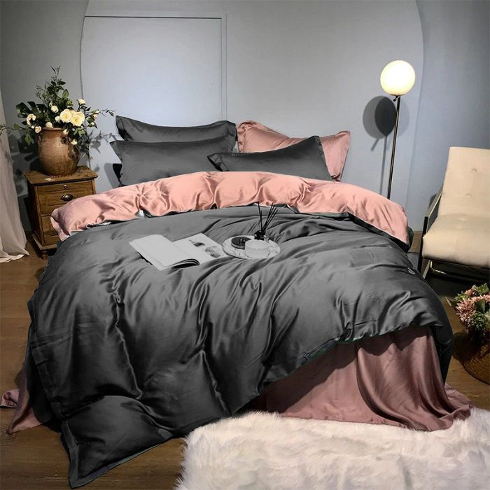 Постільна білизна ДУЕТ ANTHRACITE/WISPER PINK Premium Premium Сатин однотон MERISET - Сімейний на резинці