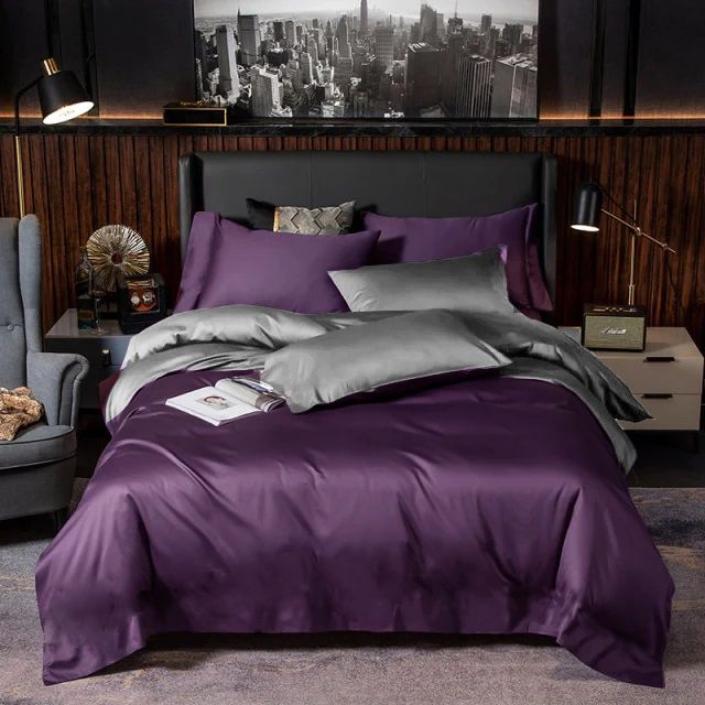 Постільна білизна ДУЕТ VIOLET FLOWER/TRUE GREY Premium Premium Сатин однотон MERISET - Сімейний на резинці