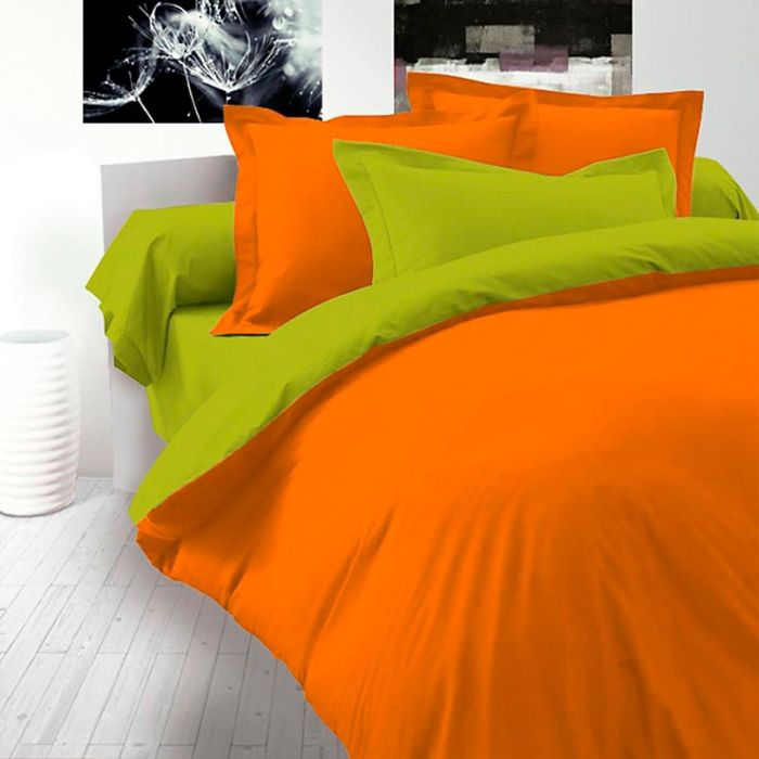 Постільна білизна ДУЕТ Помаранчевий/Фісташка Ранфорс MERISET - Сімейний на резинці