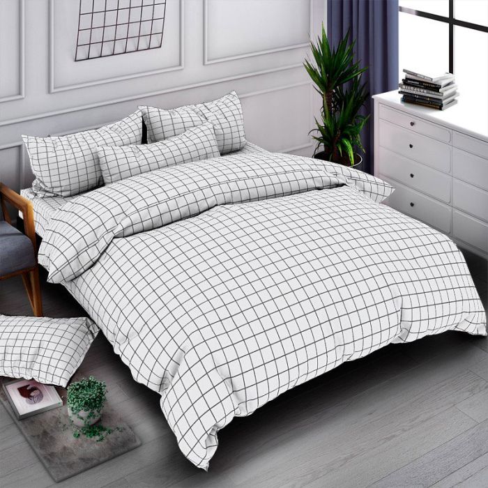 Постільна білизна Клітинка біла Бязь Люкс MERISET - Сімейний на резинці