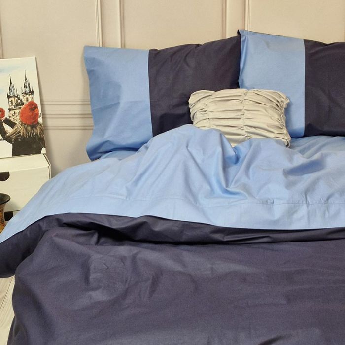 Постільна білизна PREMIERE Темно-синє/Блакить Ранфорс MERISET - Сімейний на резинці