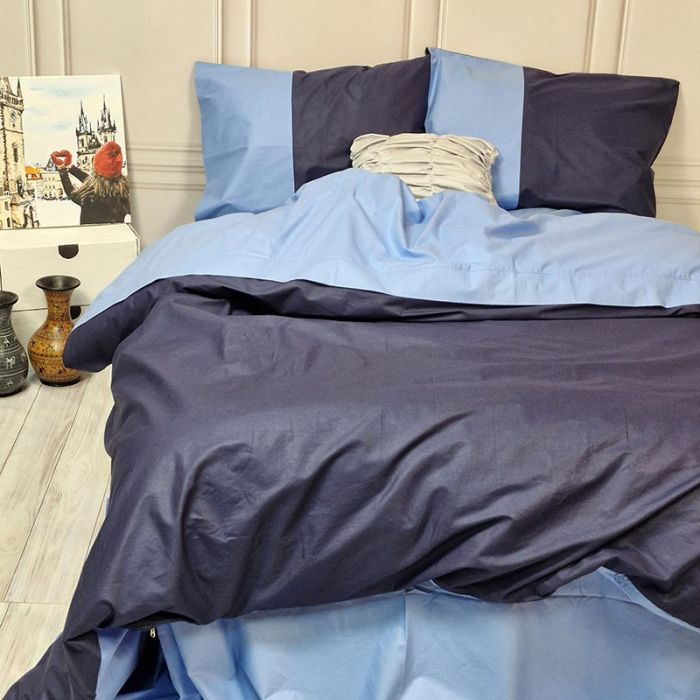 Постільна білизна PREMIERE Темно-синє/Блакить Ранфорс MERISET - Сімейний на резинці