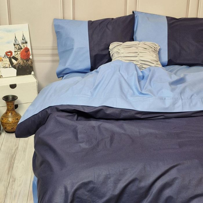 Постільна білизна PREMIERE Темно-синє/Блакить Ранфорс MERISET - Сімейний на резинці