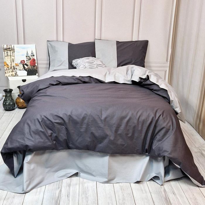 Постільна білизна PREMIERE Антрацит/Сірий Ранфорс MERISET - Сімейний на резинці