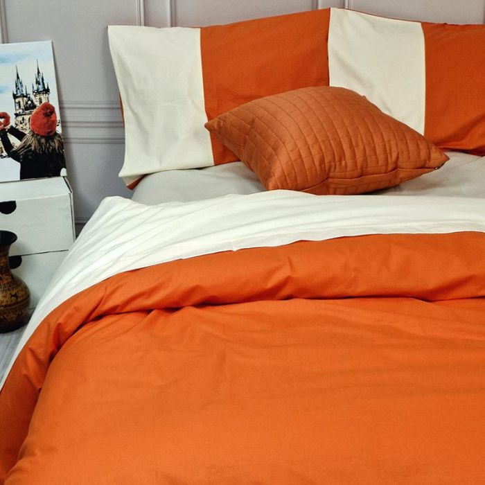 Постільна білизна PREMIERE Помаранчевий/Пломбірне морозиво Ранфорс MERISET - Сімейний на резинці