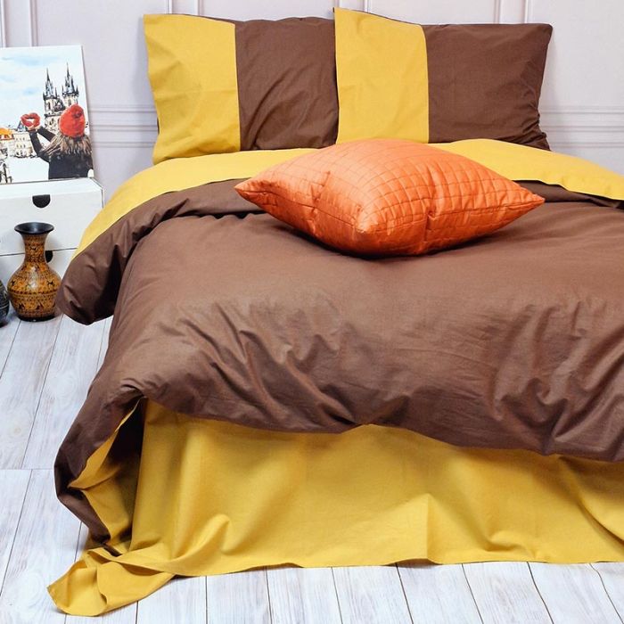Постільна білизна PREMIERE Коричневий/Охра Ранфорс MERISET - Сімейний на резинці