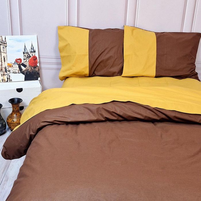 Постільна білизна PREMIERE Коричневий/Охра Ранфорс MERISET - Сімейний на резинці
