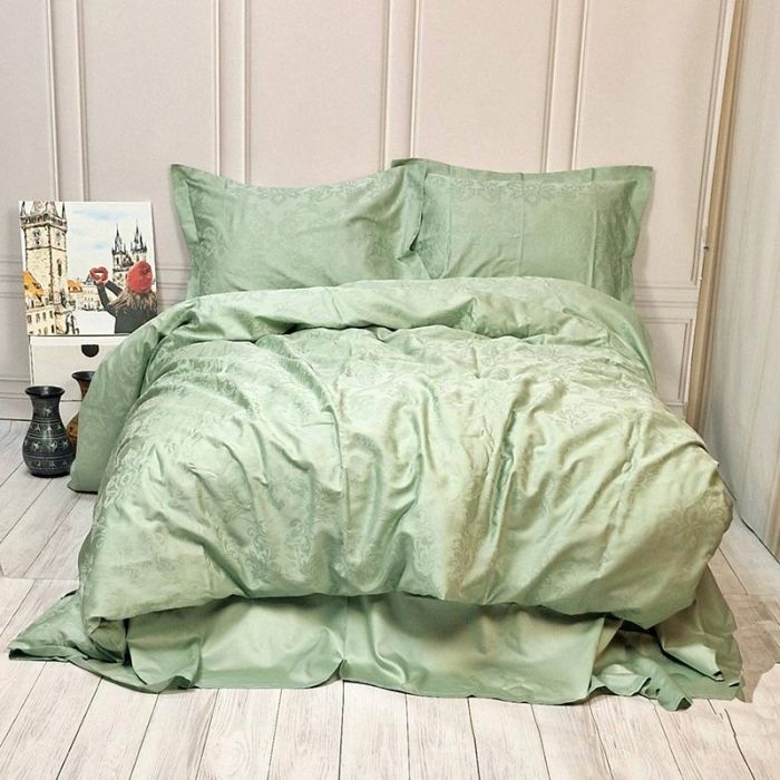 Постільна білизна GREEN FOG DAMASK Жакард MERISET - Сімейний на резинці