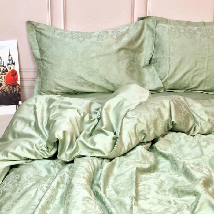 Постільна білизна GREEN FOG DAMASK Жакард MERISET - Сімейний на резинці