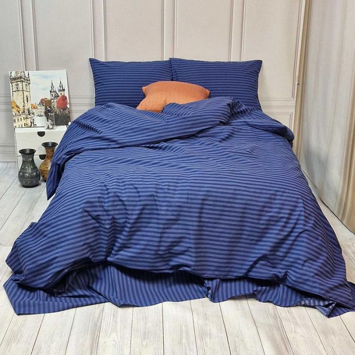 Постільна білизна Синій страйп Бязь MERISET - Сімейний на резинці