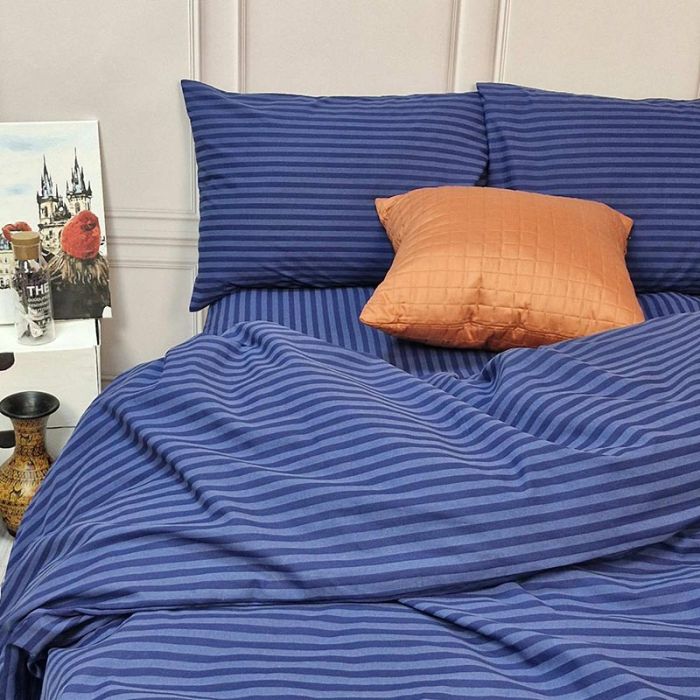 Постільна білизна Синій страйп Бязь MERISET - Сімейний на резинці
