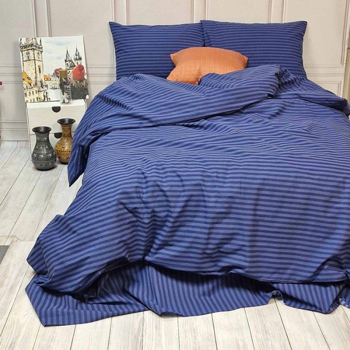 Постільна білизна Синій страйп Бязь MERISET - Сімейний на резинці